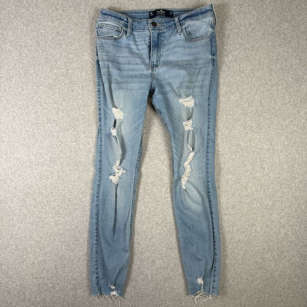 Hollister Womens Size 9S Mid Rise Super Skinny Denim Jeans Blue Raw Hem Stretch